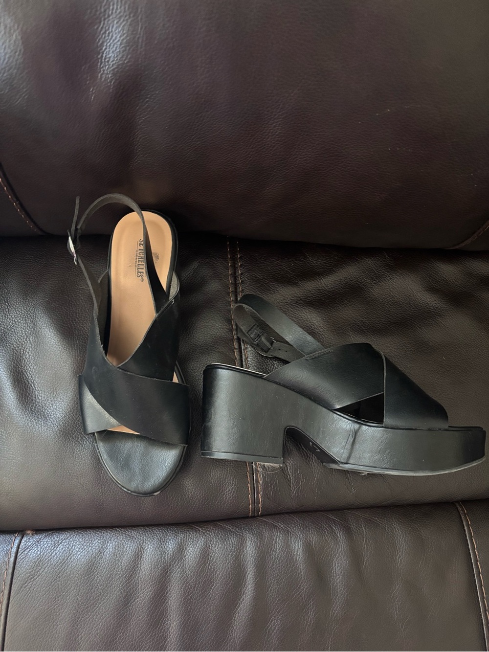 Seychelles Black Leather Platform Slingback Sandals